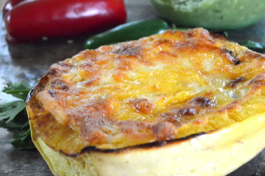 South of the Border Spaghetti squash is loaded with veggies and a creamy, cheesy sauce. Low carb, gluten free