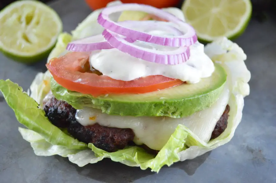 Loaded Chorizo burgers on lettuce