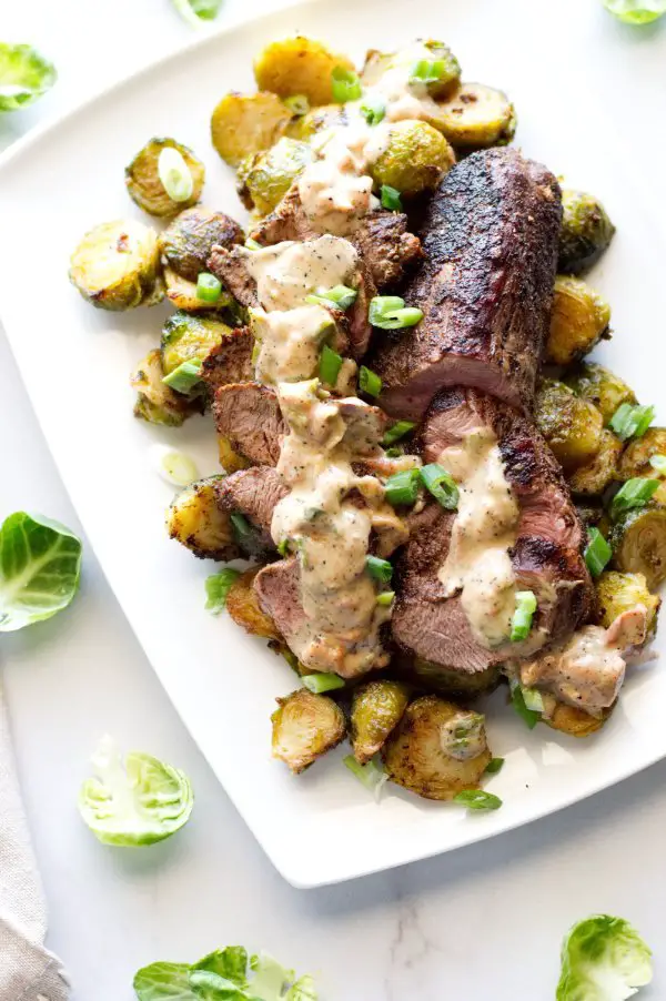 Blackened Venison Tenderloin with Brussels Sprouts and Cajun Cream Sauce
