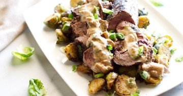 Blackened Venison Tenderloin w/ Spicy Brussels Sprouts & Cajun Cream Sauce