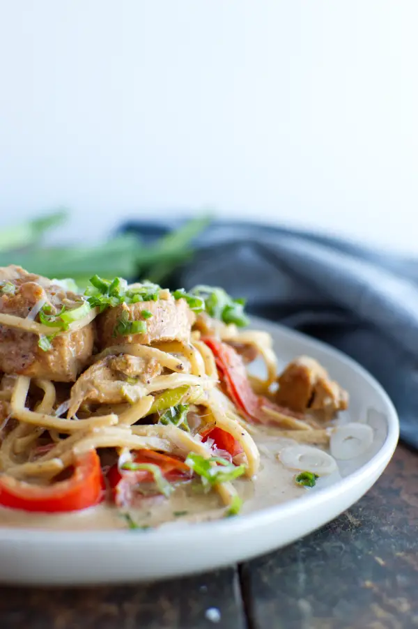 plate of keto creamy cajun chicken mixed with low carb pasta